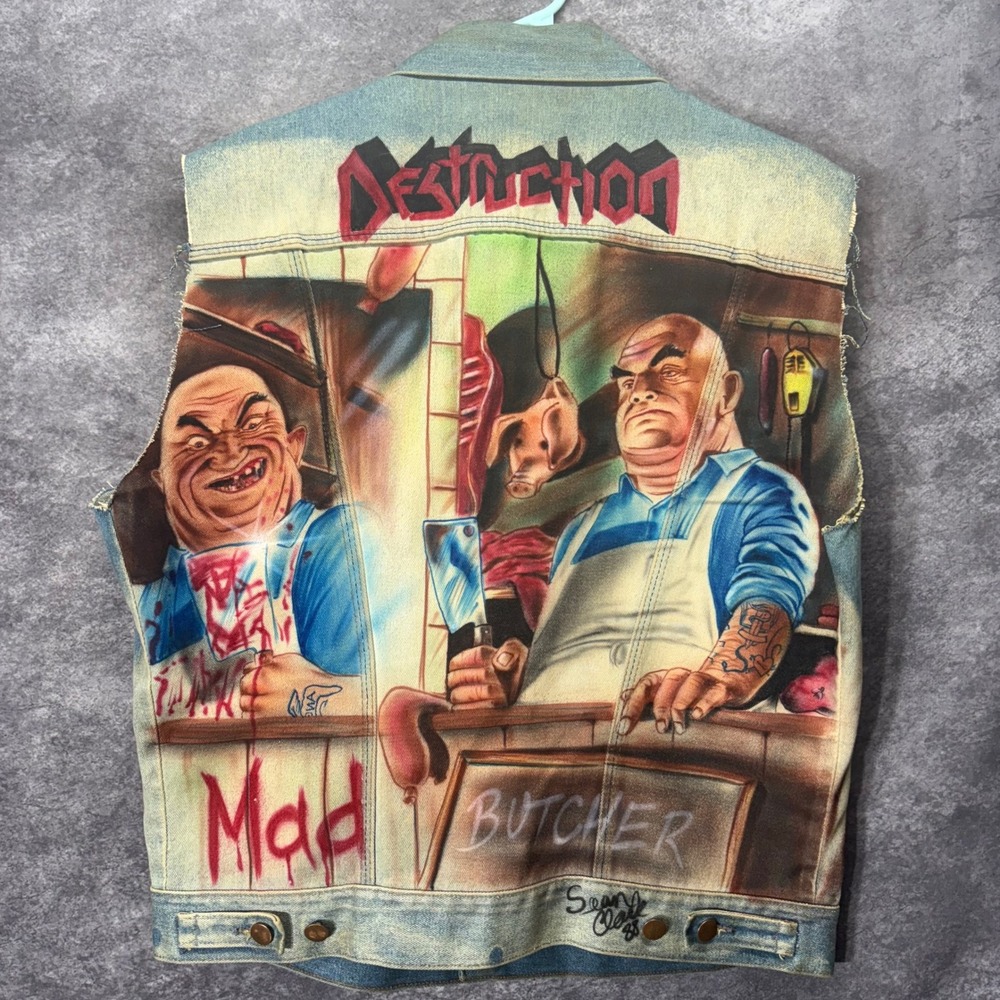 VTG 80s Wrangler No-Fault Denim Vest 44 Custom Painted Airbrush Mad Butcher 1of1